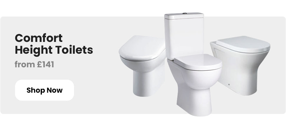 Shop Comfort Height Toilets from £141 at Unbeatable Bathrooms. Image features a close-coupled comfort height toilet and two back-to-wall comfort height toilets. Mobile Optimised Image.