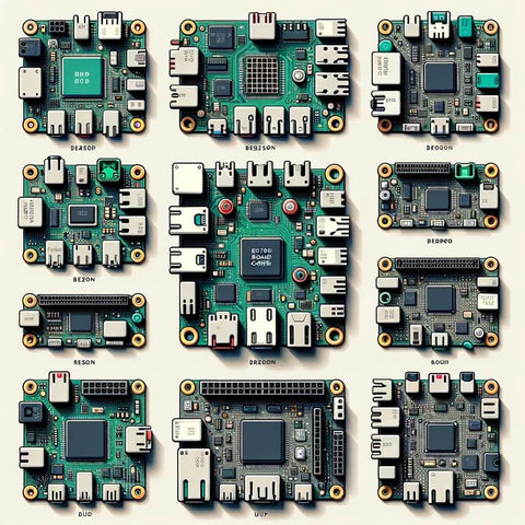 Illustration of a top-down view of various single board computers
