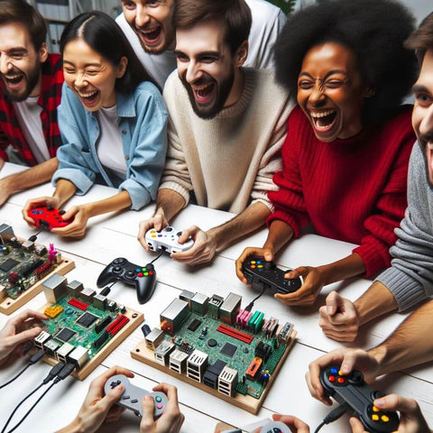 Photo of a diverse group of people gathered around a table, testing various single board computers for gaming emulation