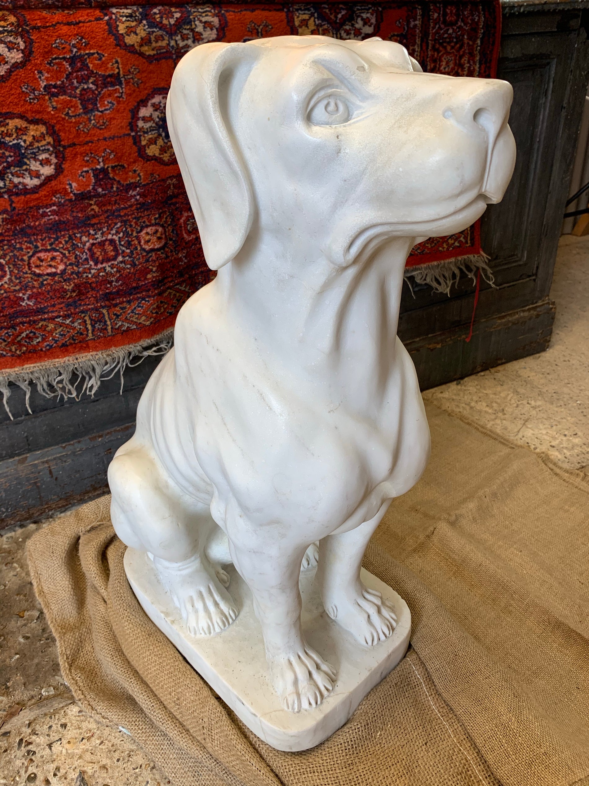 A large carved white solid marble dog statue 72cm Belle and Beast