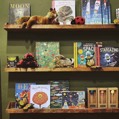 Floating shelves against a green wall filled with nature children's books and toys.