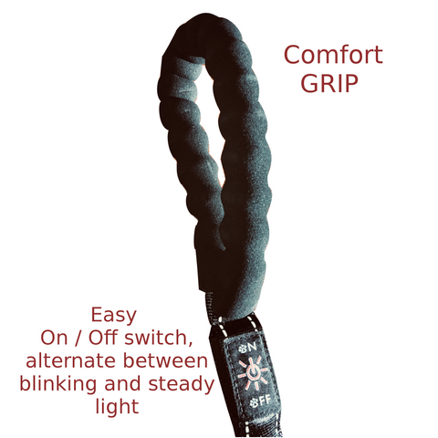 The LED dog collar comes with a comfort grip handle as well as an easy on off switch No more blistered hands with the It's Ridic! LED leash! The comfort grip has a nice soft squishy feel to it while still having plenty of grip.  The on / off switch is very easy to use. Press the button to cycle through flashing, steady on, or off LED cycles