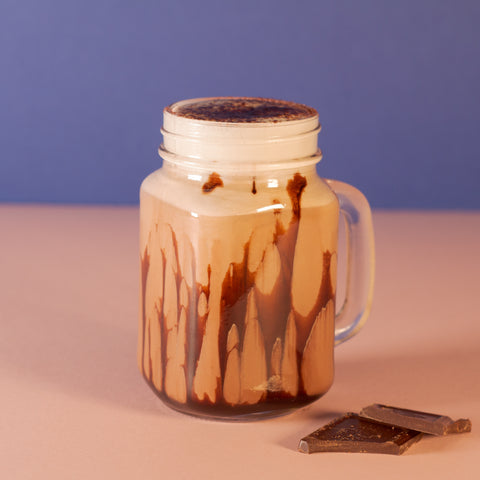 A glass jar filled with Choc Chai