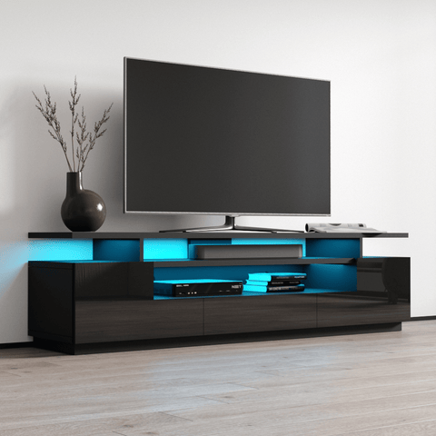 ELEGANT Modern LED TV Unit Black Gloss 200cm Long TV Stand Cabinet