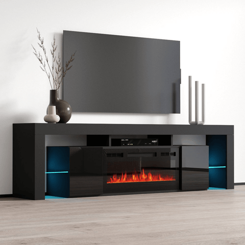 modern black tv stand with fireplace
