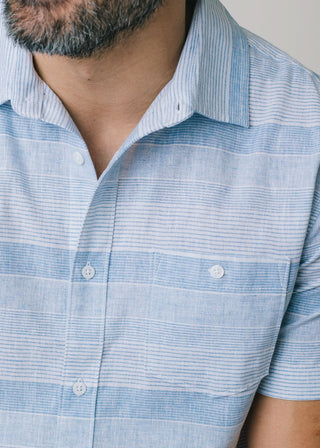 Linen Short-Sleeve Hopper Shirt Navy Butterfly Print