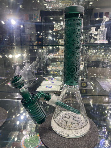 Milkyway Teal Xmorphic beaker with matching teal ash catcher and downstem