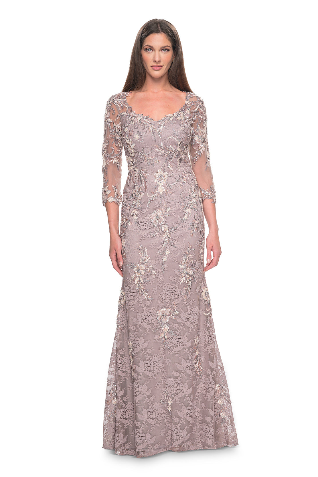 La Femme - 31796 - Three-Quarter Sleeve Lace and Beaded Gown