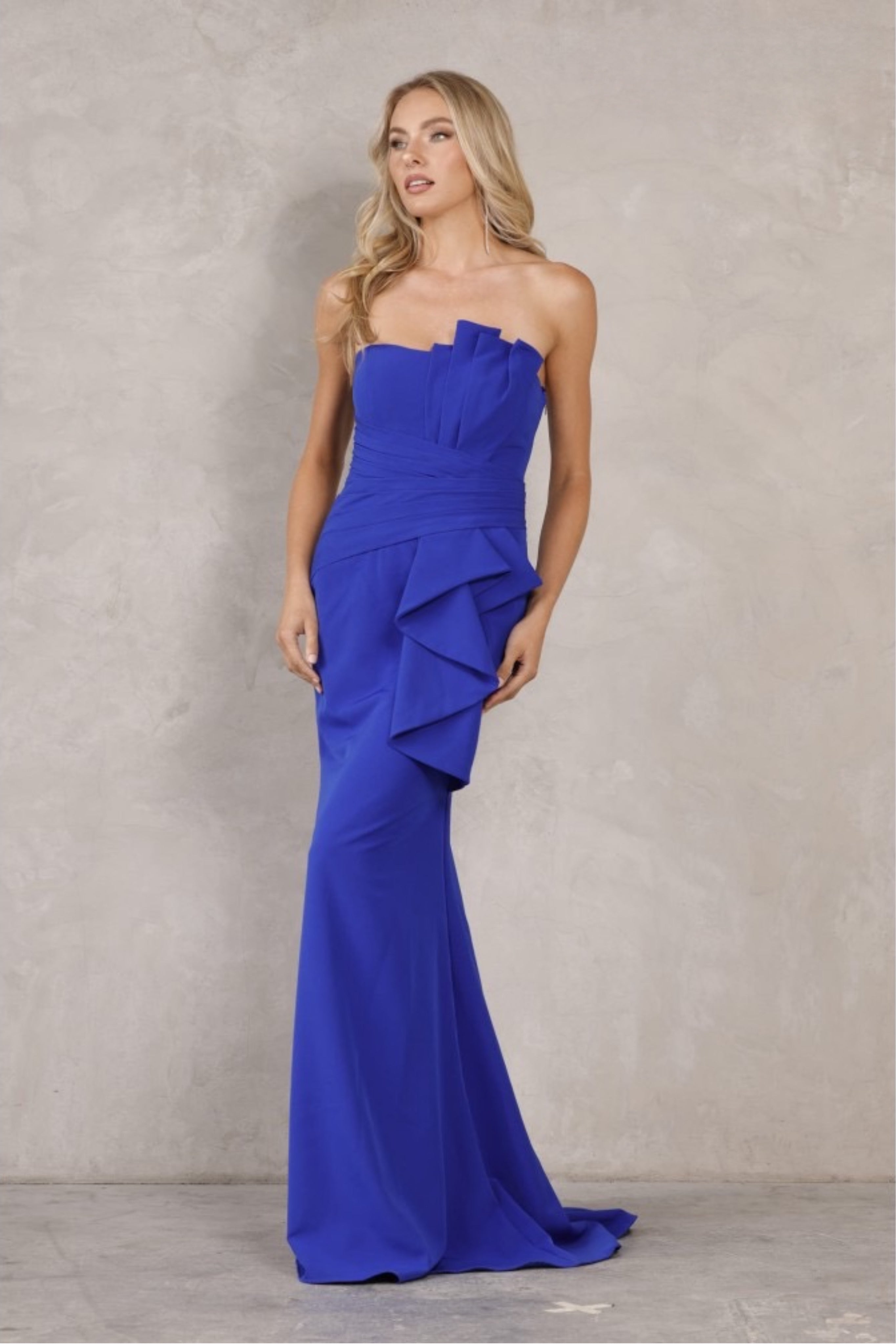 TERANI - 2214E0165 - STRAPLESS PEPLUM EVENING DRESS