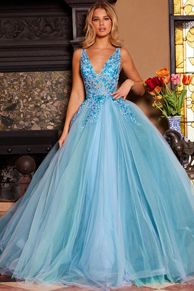 Jovani - 23577 - Blue Floral Embroidered Bodice Ballgown