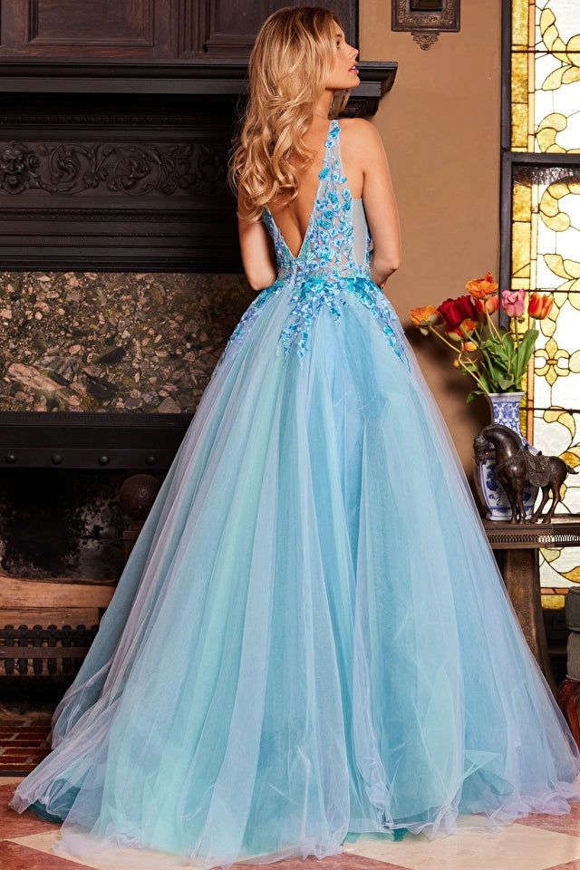 Jovani - 23577 - Blue Floral Embroidered Bodice Ballgown