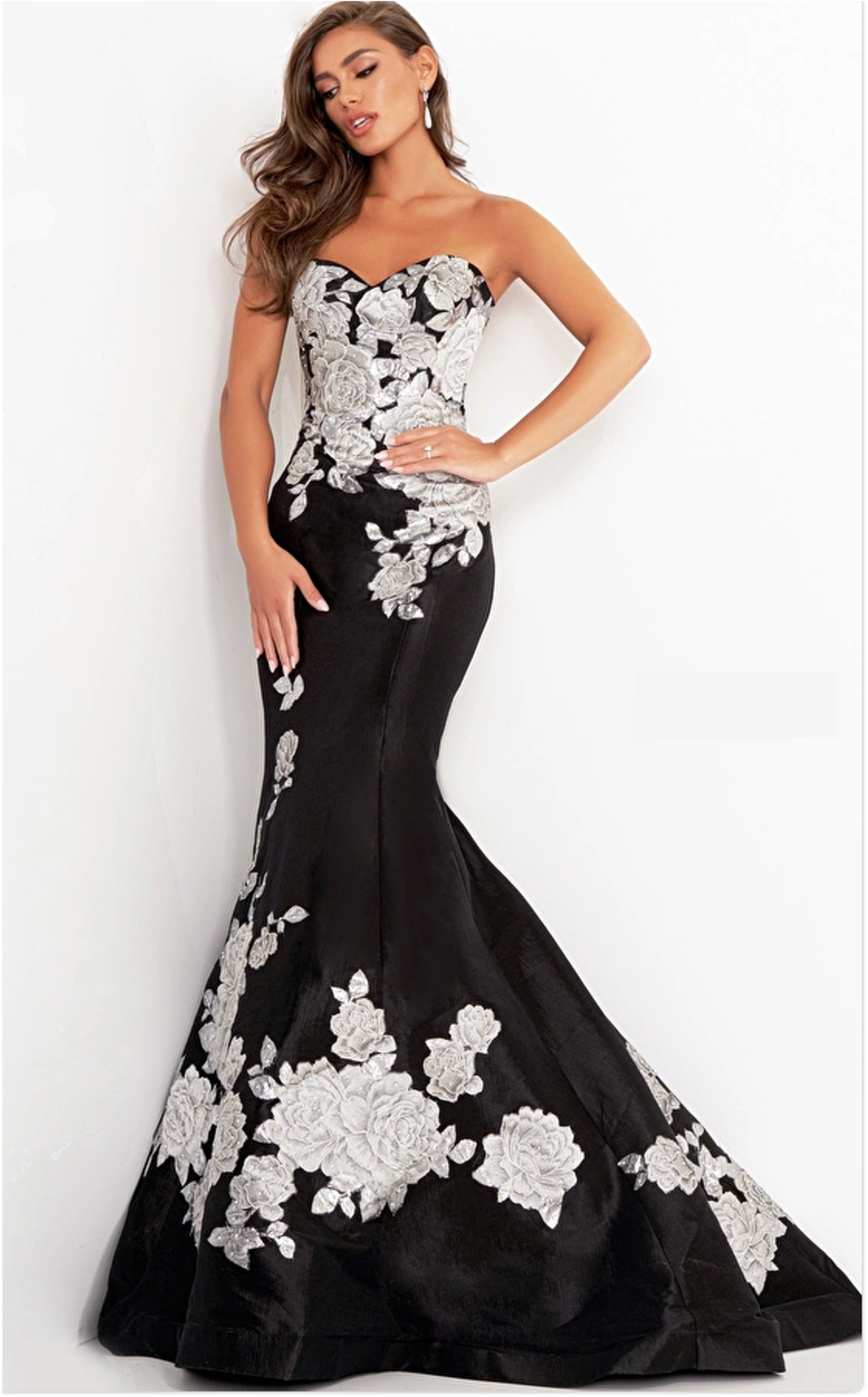 Jovani - 3917 - Black Silver Floral Mermaid Evening Dress