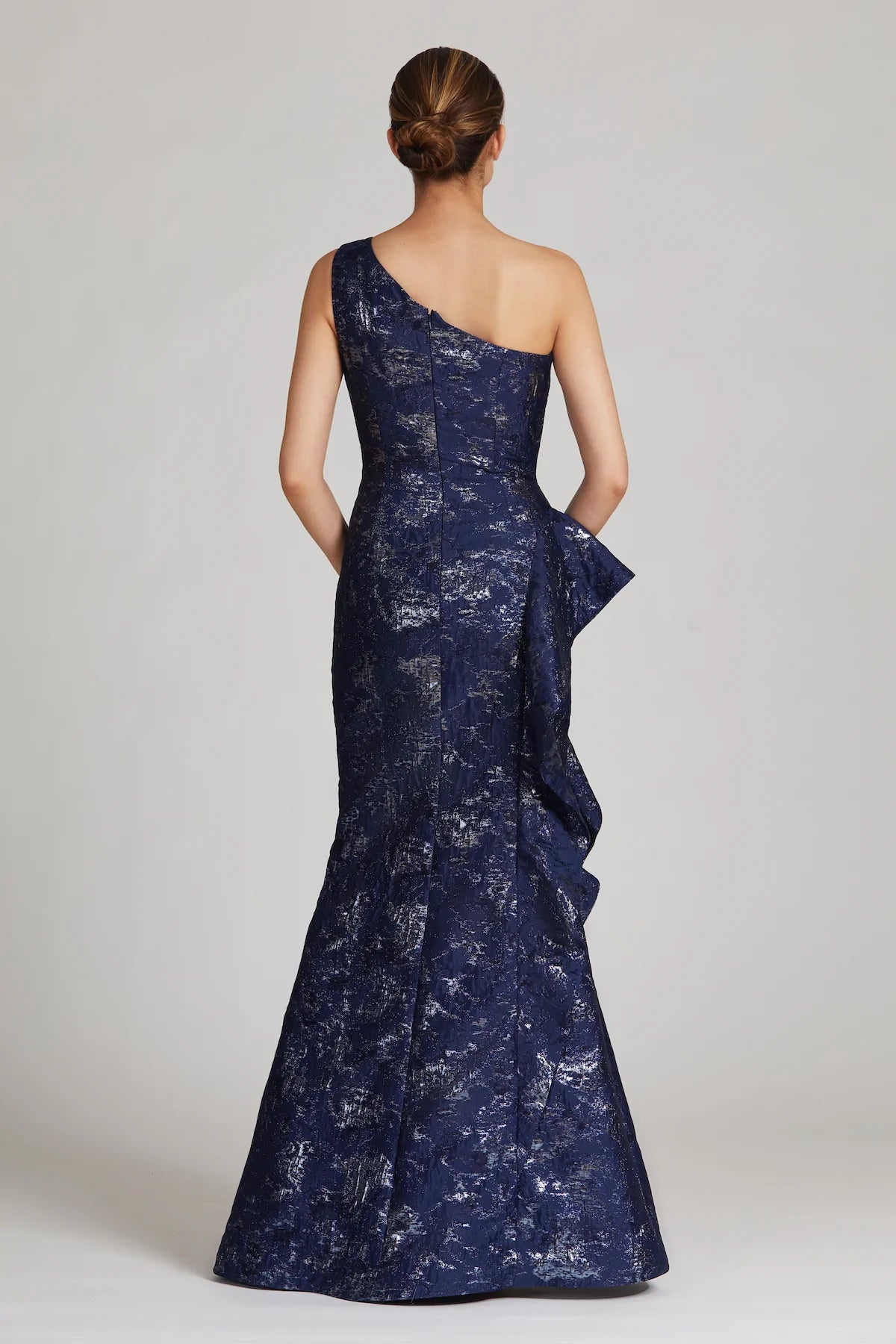 Teri Jon - 209064 - Jacquard One Shoulder Side Ruffle Gown