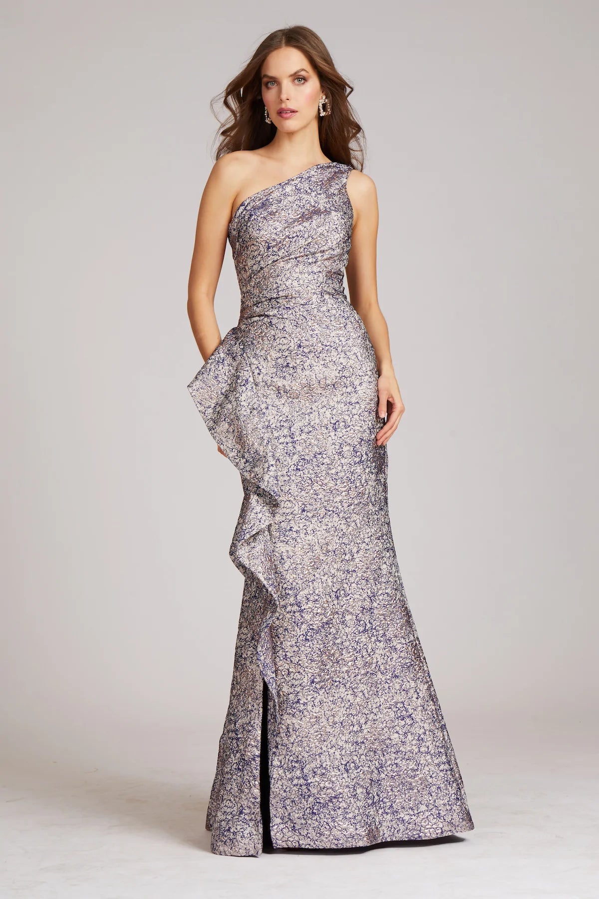 TERI JON 217028 - Jacquard One Shoulder Side Ruffle Gown