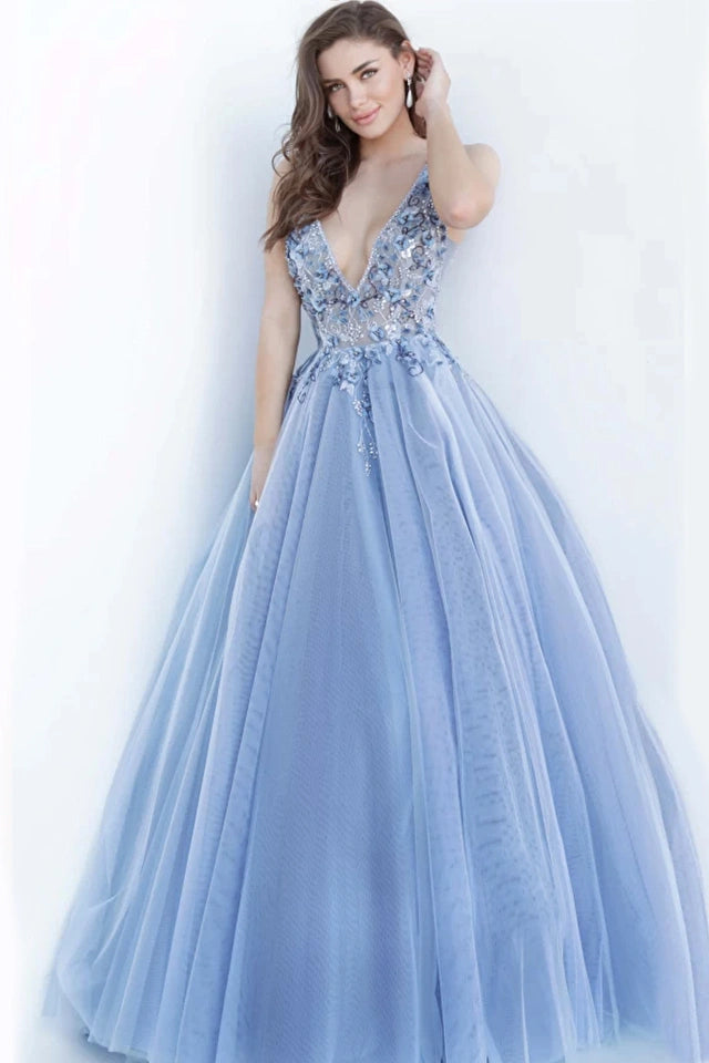 JOVANI 3110 - Blue Floral Embellished Ballgown