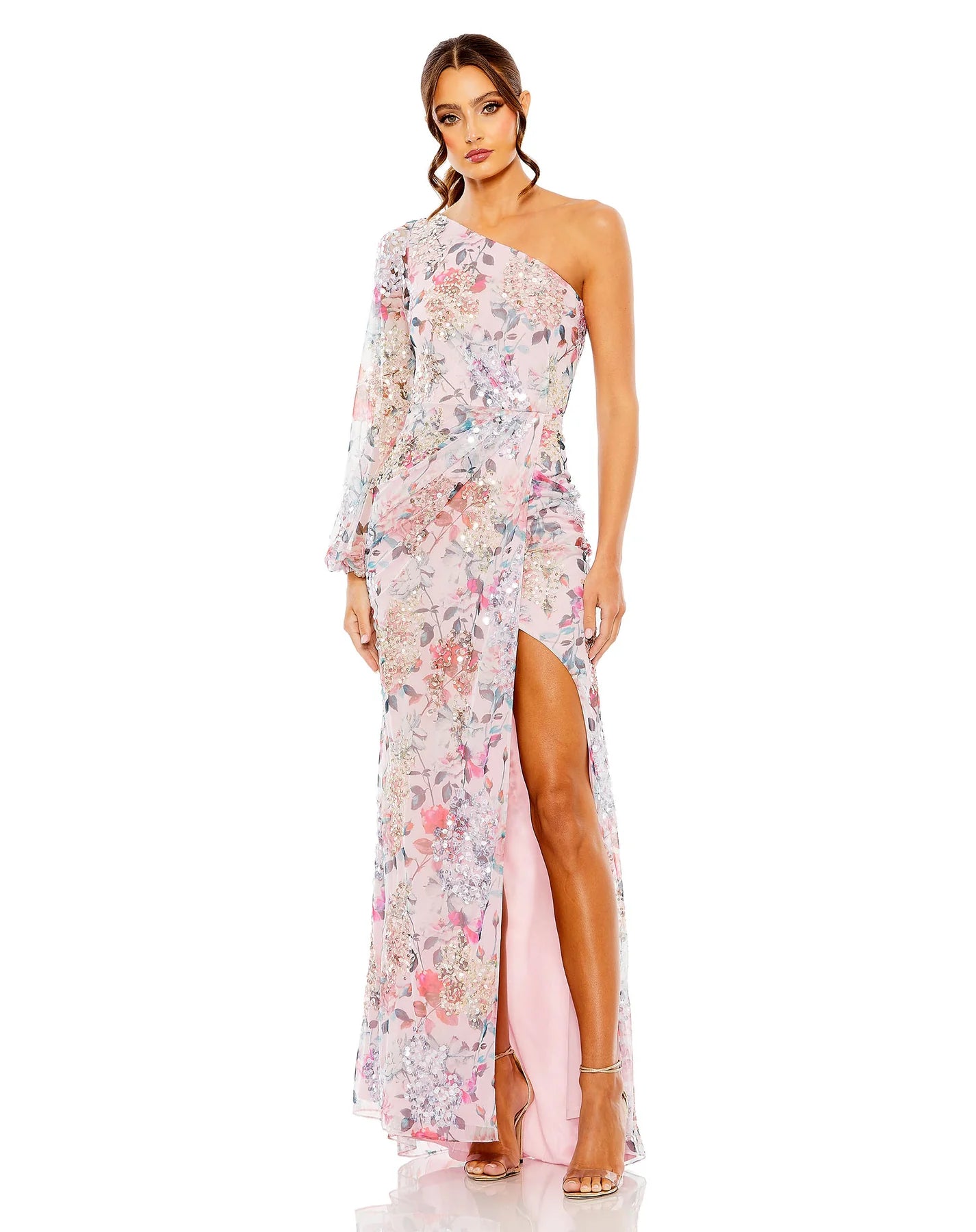 Mac Duggal - 93747 - Sequinned Floral Print One Sleeve Faux Wrap Gown