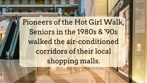 A photo of a shopping mall interior with text overlay that reads: Pioneers of the Hot Girl Walk, Seniors in the 1980s and 90s, walked the air conditioned corridors of their local shopping malls.