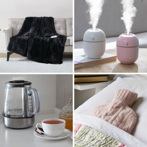 Clockwise from top left: Faux fur electric throw (Serta), desktop humidifiers (Refinery29), electric kettle and tea, and a hot water bottle wearing a cozy, blush cashmere pullover (Johnstons of Elgin).