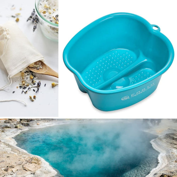 Oversized refillable tea bags for the bath, Foot Spa Basin (Earth Therapeutics), and warm water