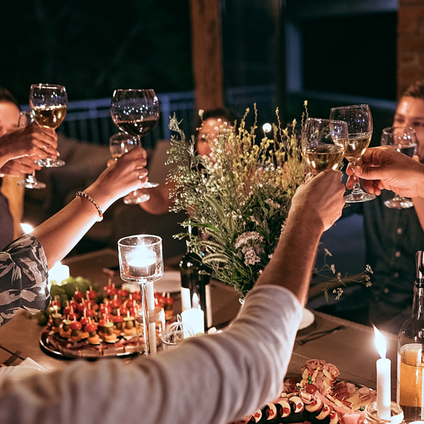 Friends sharing a wine toast over dinner