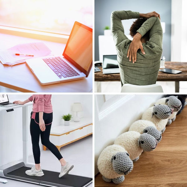 Clockwise from top left: working next to a sunny window, stretching it out with desk yoga (Adventure Yogi), walking while WFH-ing (Gizmodo), dodging drafts with this DIY doorstop pattern (Etsy)