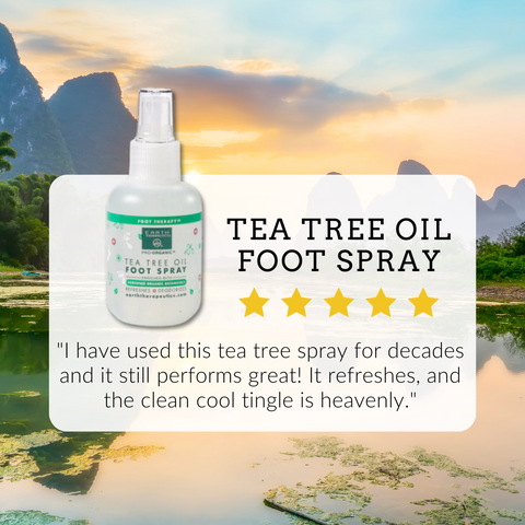 A 5-star testimonial for Earth Therapeutics Tea Tree Oil Foot Spray that reads "I have used this tea tree spray for decades and it still performs great! It refreshes and the clean cool thingle is heavenly."