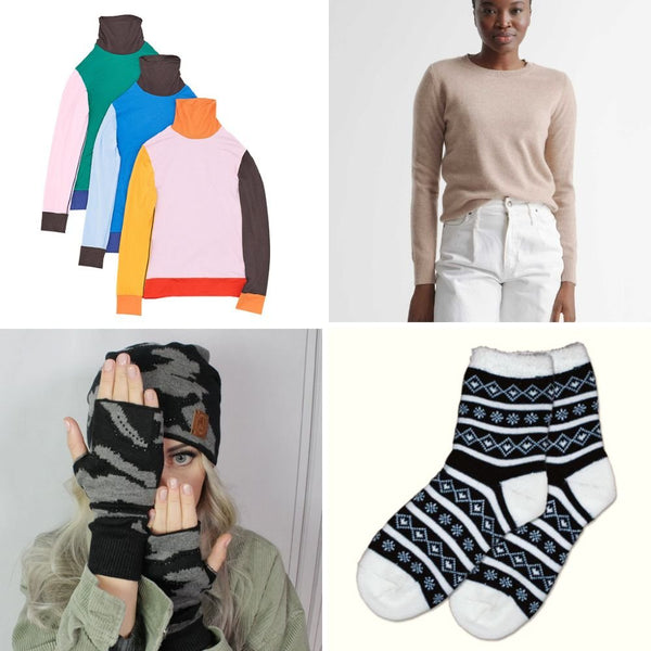 Clockwise from top left: Uniqlo x MARNI Heattech, the viral $50 cashmere sweater (Quince), fingerless gloves (White + Warren), Thermal Double Layer Socks (Earth Therapeutics)
