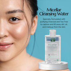 A woman with clear skin stands next to a bottle of Earth Therapeutic's Micellar Cleansing Water