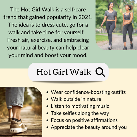 An informational box defining the self-care and confidence boosting trend "Hot Girl Walk." The text the 2021 selfcare trend that involves women dressing up and walking outside while feeling positive and joyful.