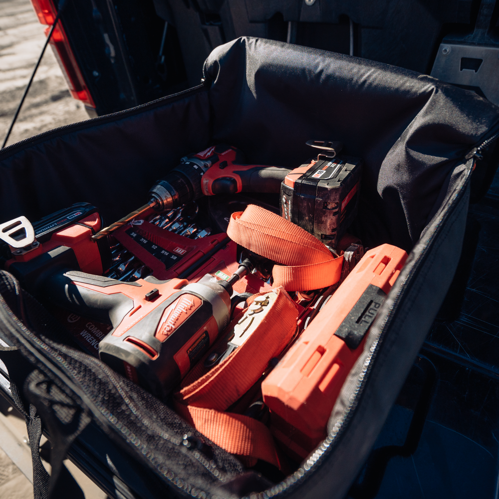 a car seat with a red and black engine