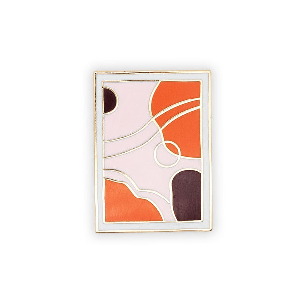 mid-century modern art piece. light pink, orange, plum and white colors in gold enamel. 