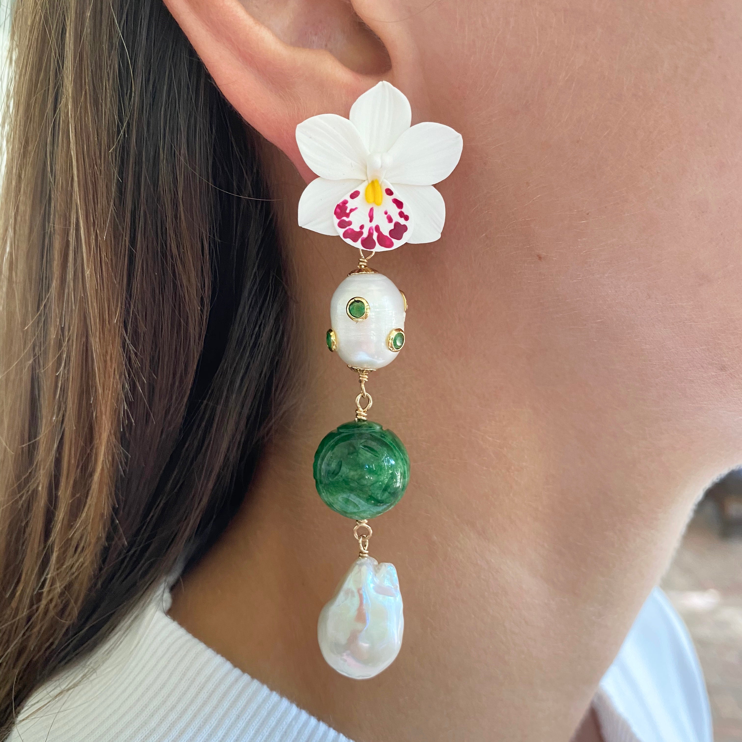 Orchid Gemstone Drop Earrings with Jade