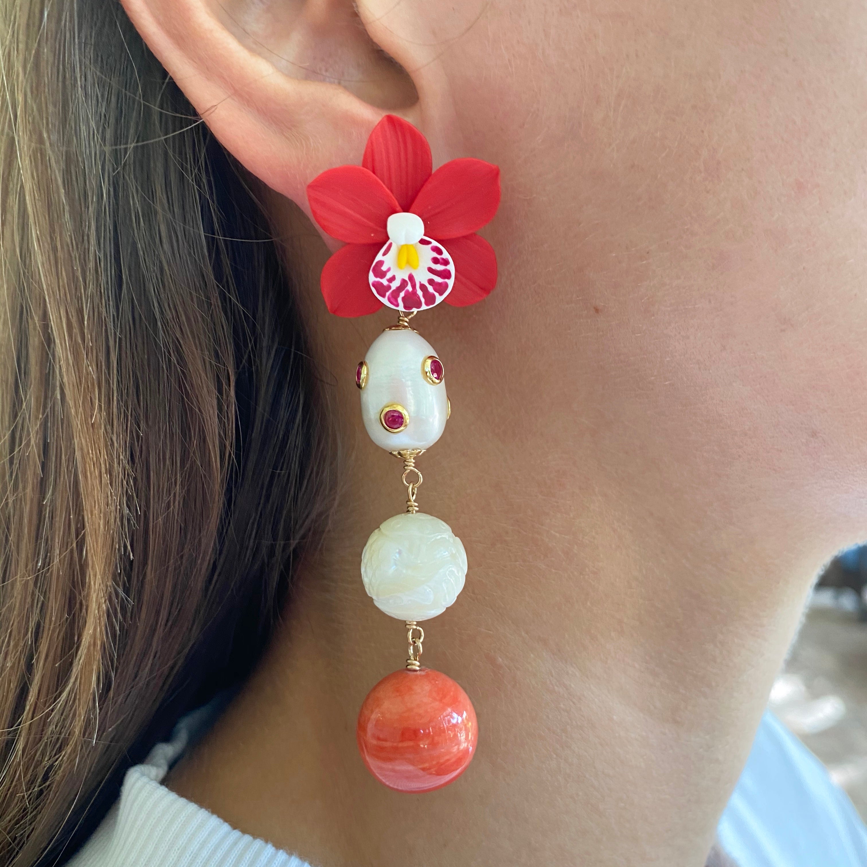 Orchid Gemstone Drop Earrings with Coral