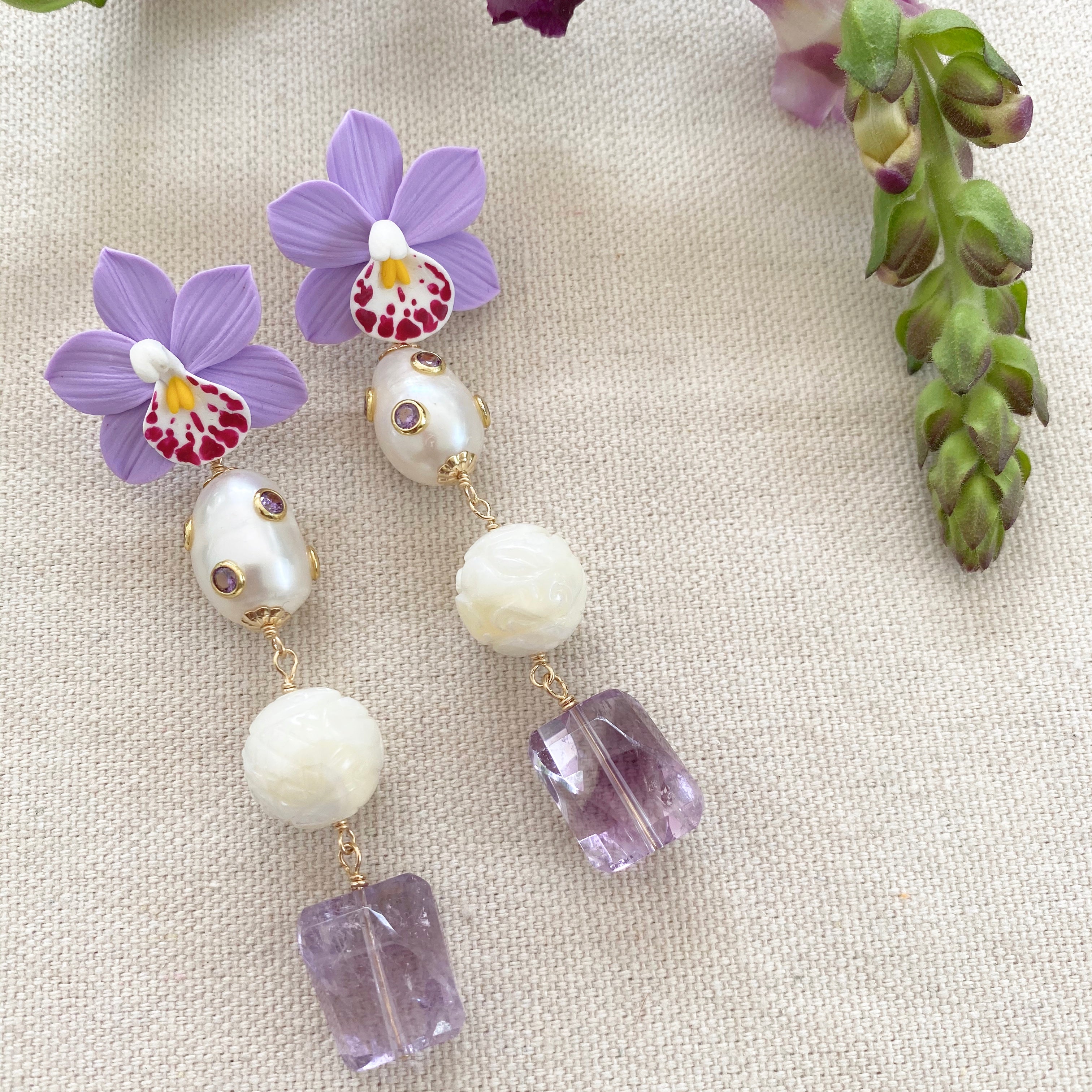 Orchid Gemstone Drop Earrings with Amethyst