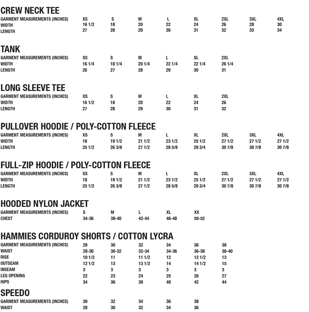 Tim-Scapes Size Chart