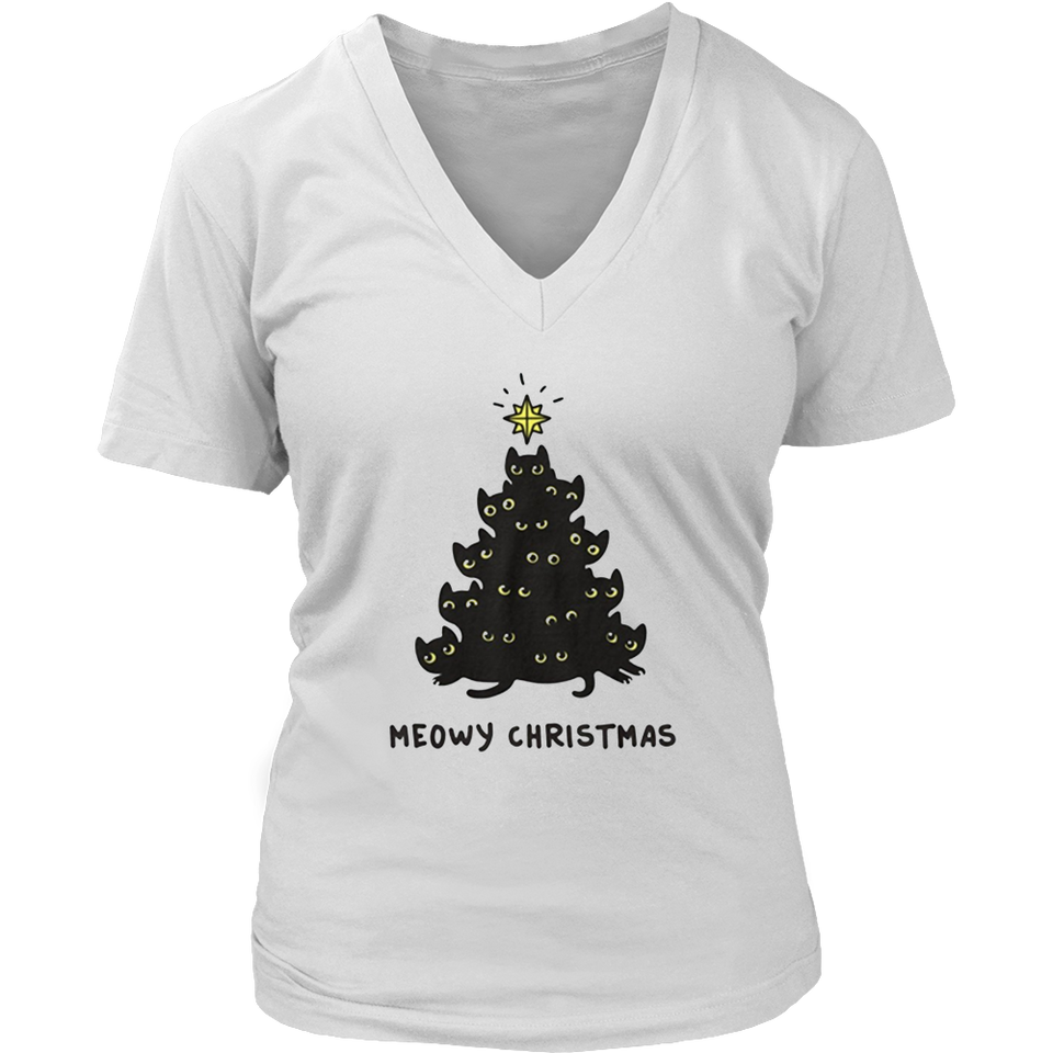 Nightcorefc Cat Lover Tees Merry Meowy Christmas Tree Cat Holiday Shirt