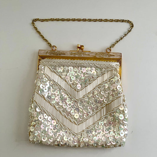 VINTAGE 1960s LA REGALE HONG KONG HAND MADE HEAVILY BEADED & SPARKLING  SEQUIN EVENING BAG / EVENING PURSE