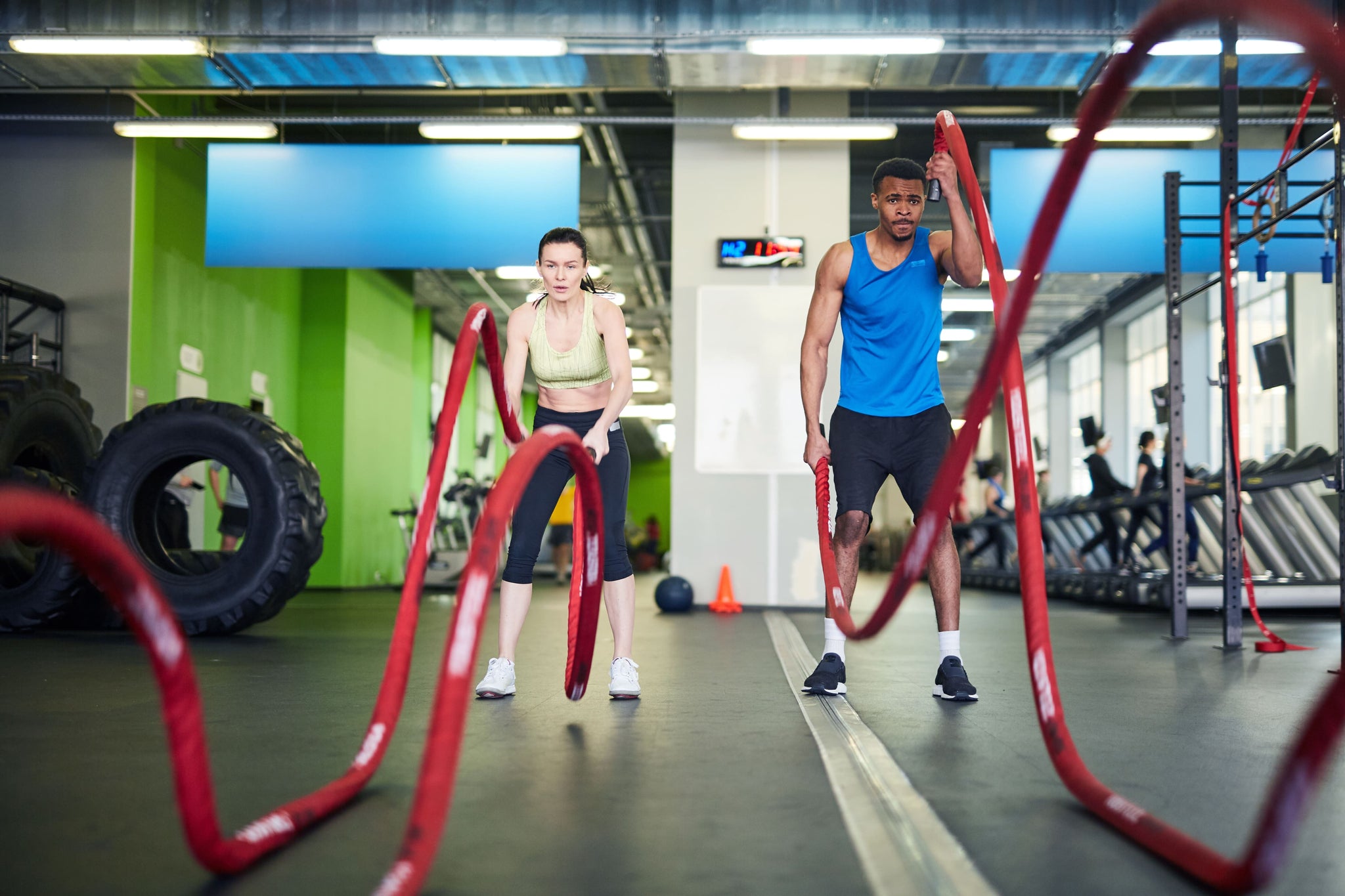 Savvy athletes who know when's the best time to take protein are working out with battle ropes in a fitness gym