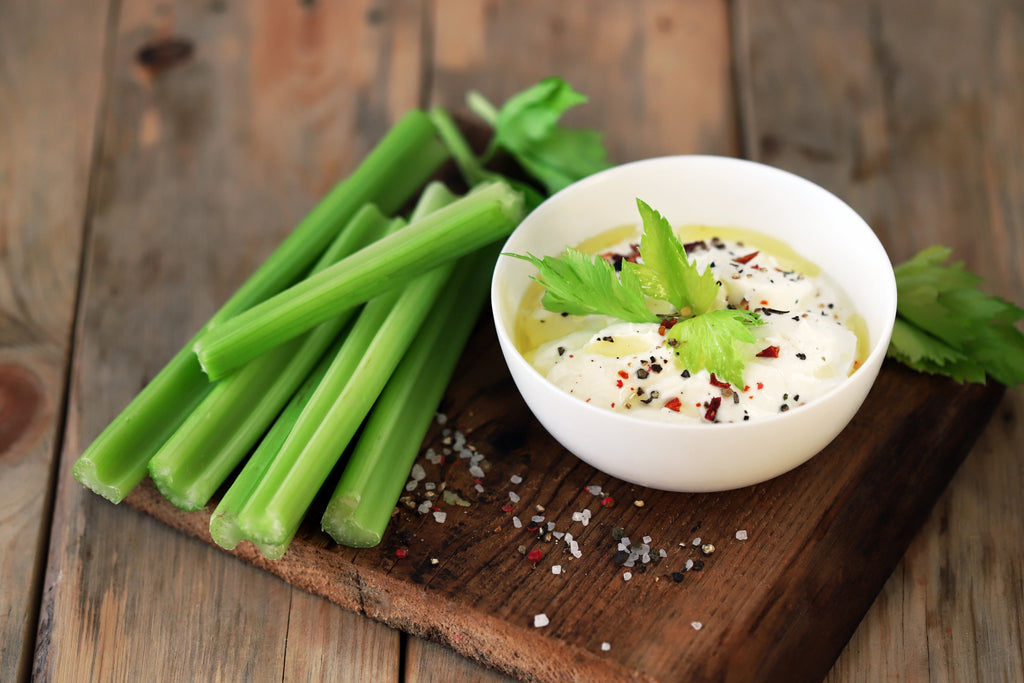 Best gamer foods: celery sticks with white creamy sauce