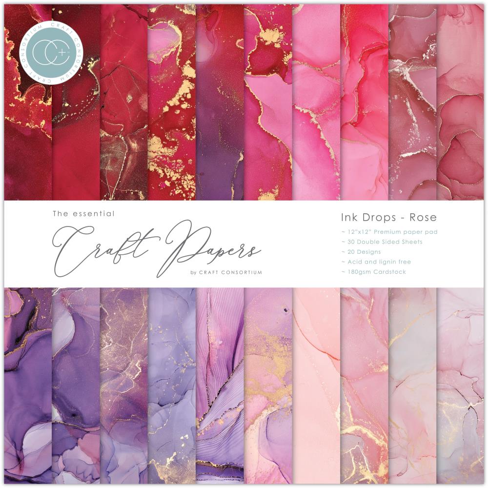 Craft Consortium 12"x12" Double Sided Paper Pad: Ink Drops, Rose (CCPAD022)
