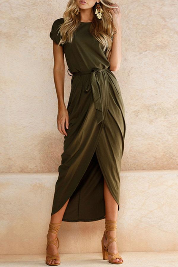 Asymmetric Hem Plain Short Sleeve Maxi Dresses