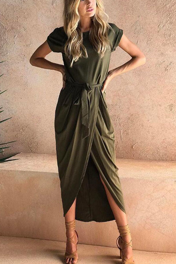 Asymmetric Hem Plain Short Sleeve Maxi Dresses