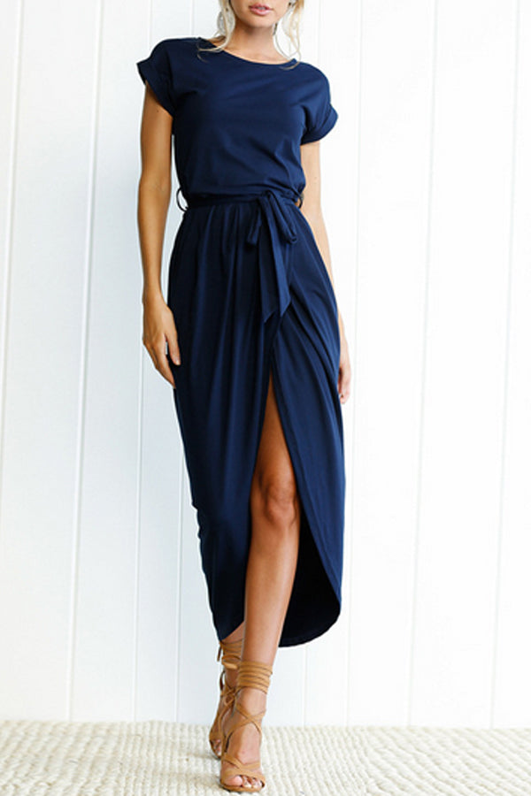 Asymmetric Hem Plain Short Sleeve Maxi Dresses