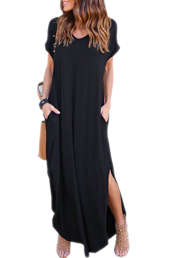 v neck slit plain maxi dress