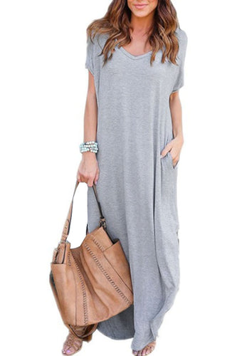 V Neck Side Slit Plain Short Sleeve Maxi Dresses