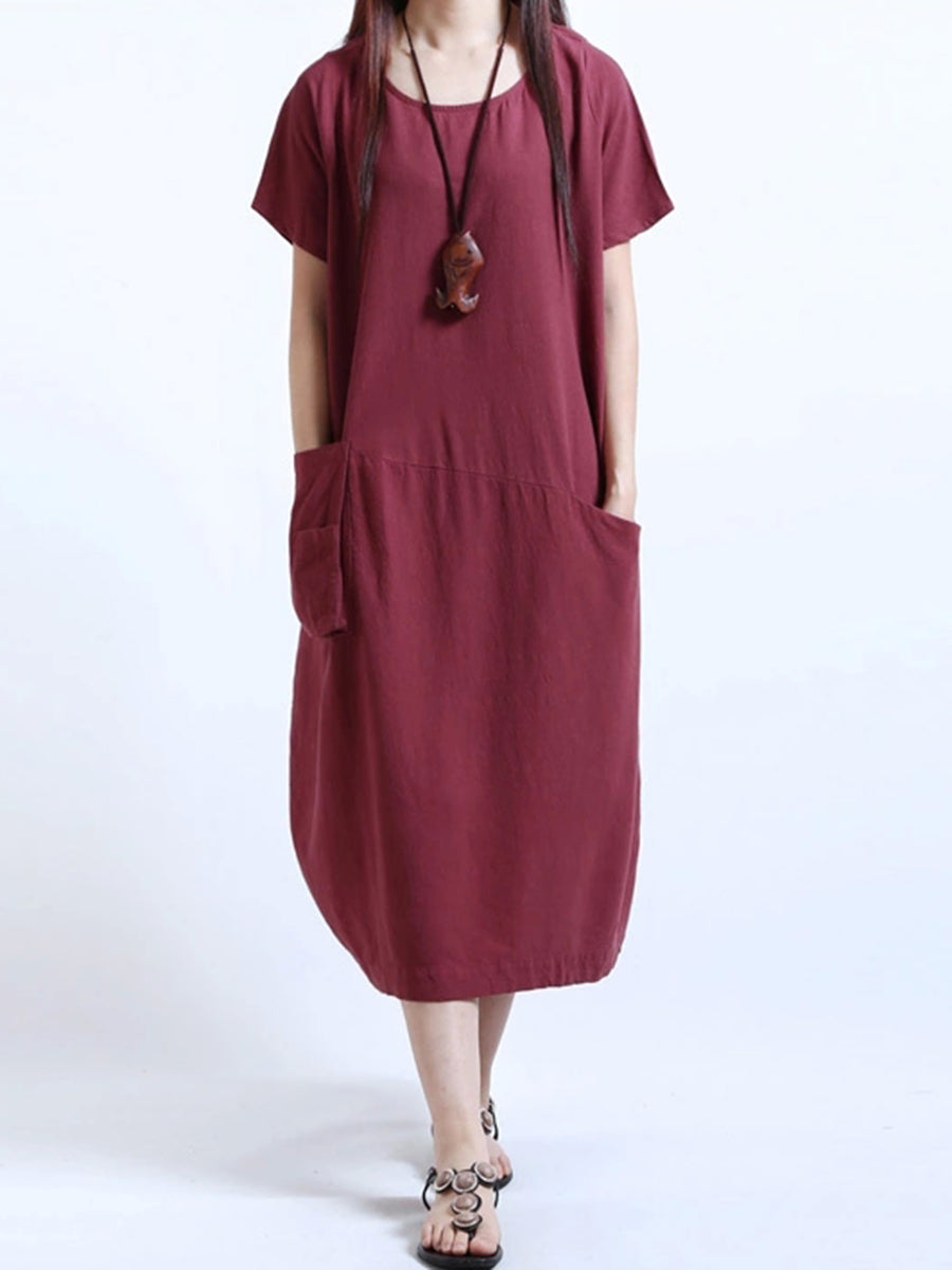 Round Neck Patch Pocket Plain Cotton/Linen Maxi Dress – hellocloth