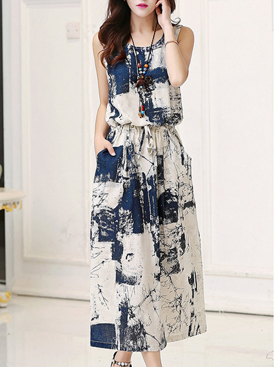 round neck drawstring printed shift dress