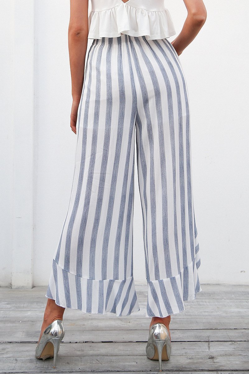 Wide Leg Belt Striped Pants