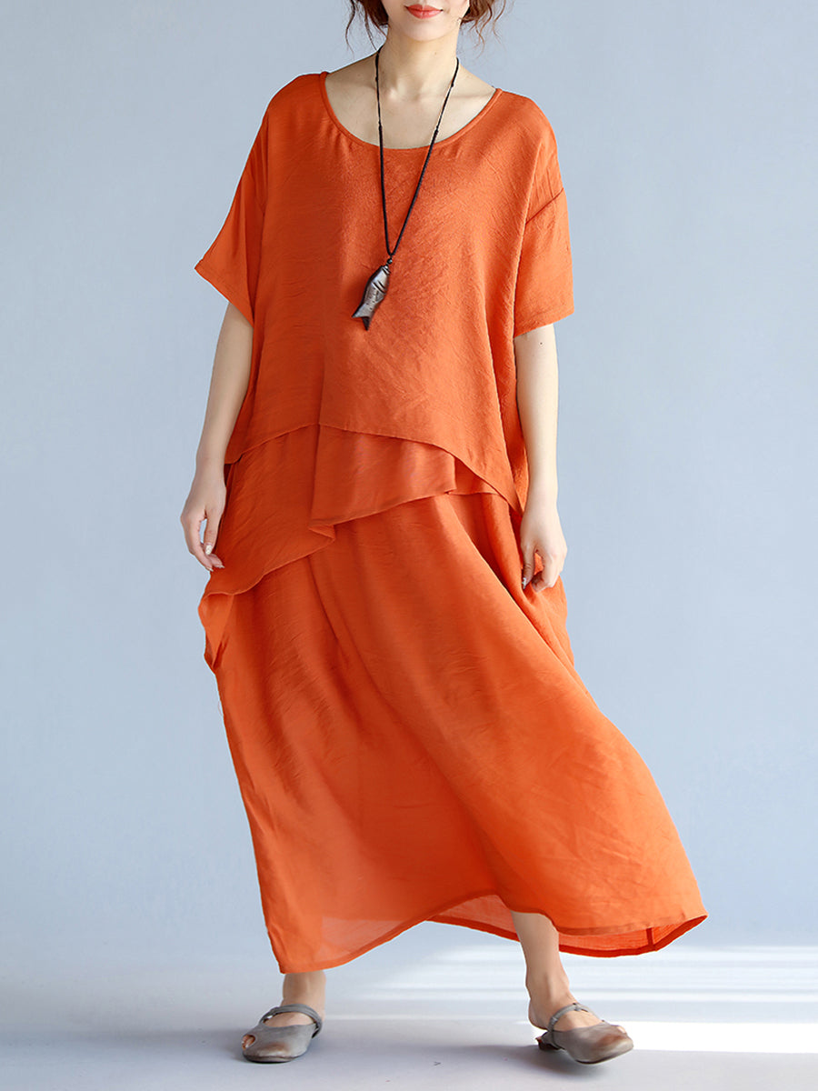 round neck asymmetric hem plain maxi dress