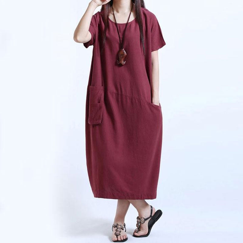 Round Neck Patch Pocket Plain Cotton/Linen Maxi Dress – hellocloth